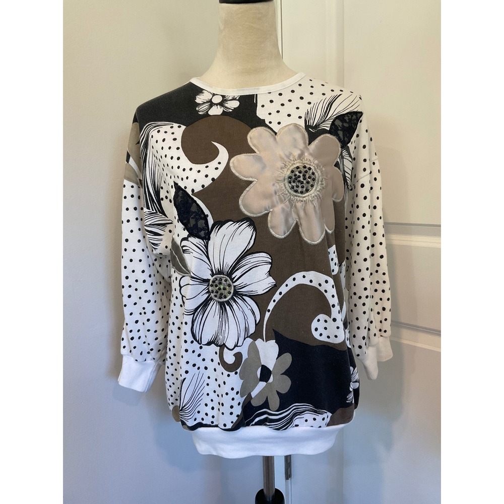 Vintage Bonnie and Bill by Holly Floral Polka Dot Beaded Sweatshirt Medium